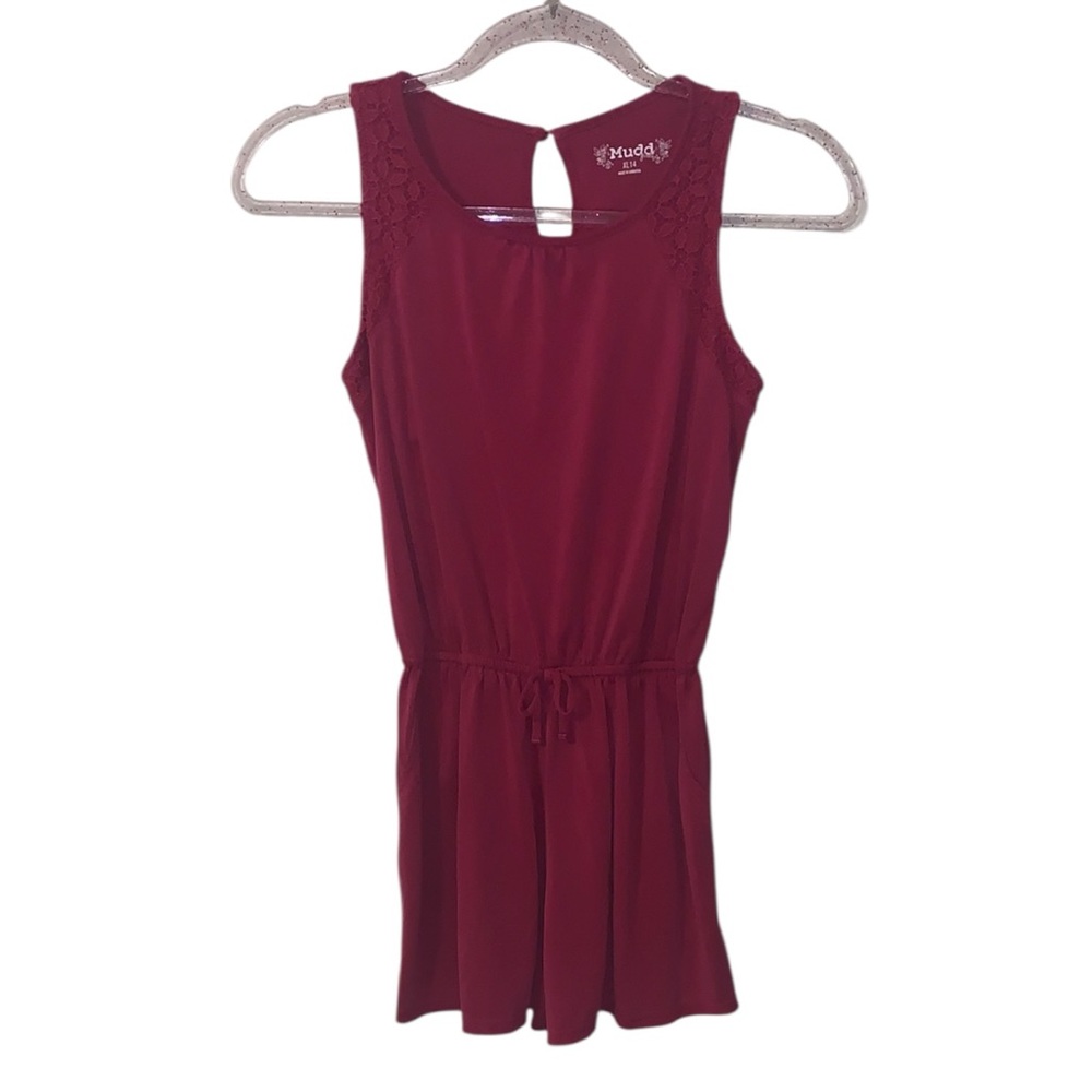 Mudd Cherry Red Lace-Trimmed Sleeveless Romper Keyhole Summer Soft Girls 14